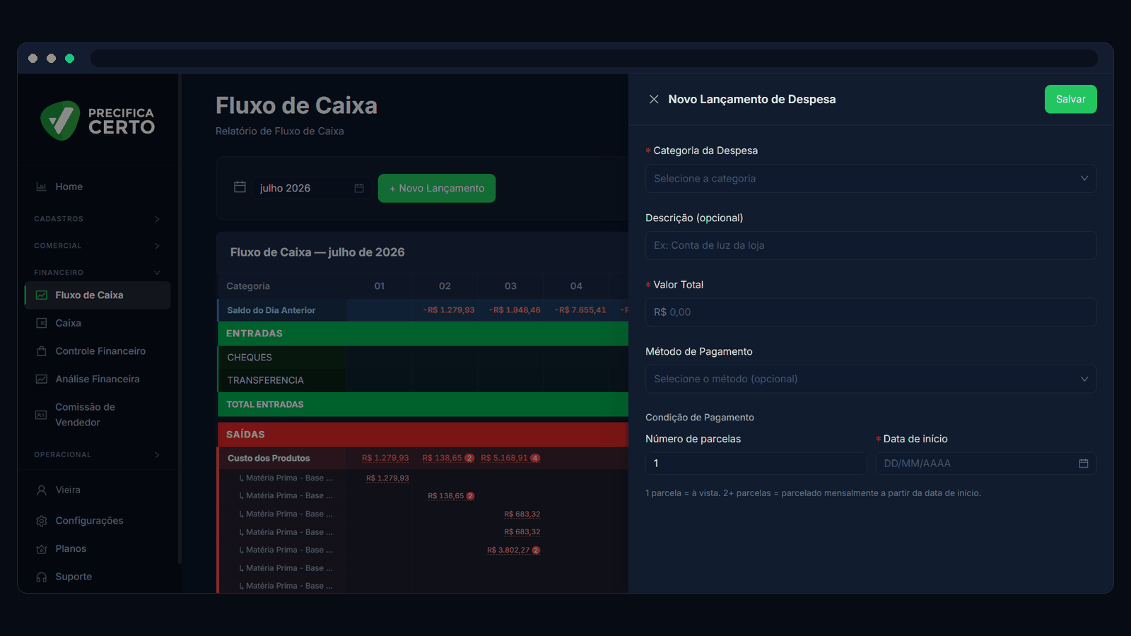 Tela de fluxo de caixa do Precifica Certo