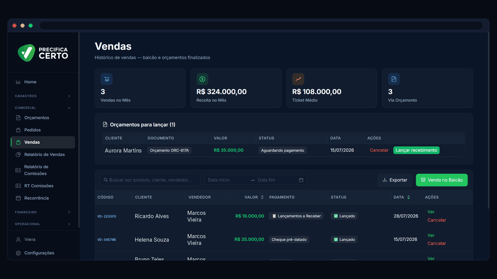 Tela de vendas do Precifica Certo